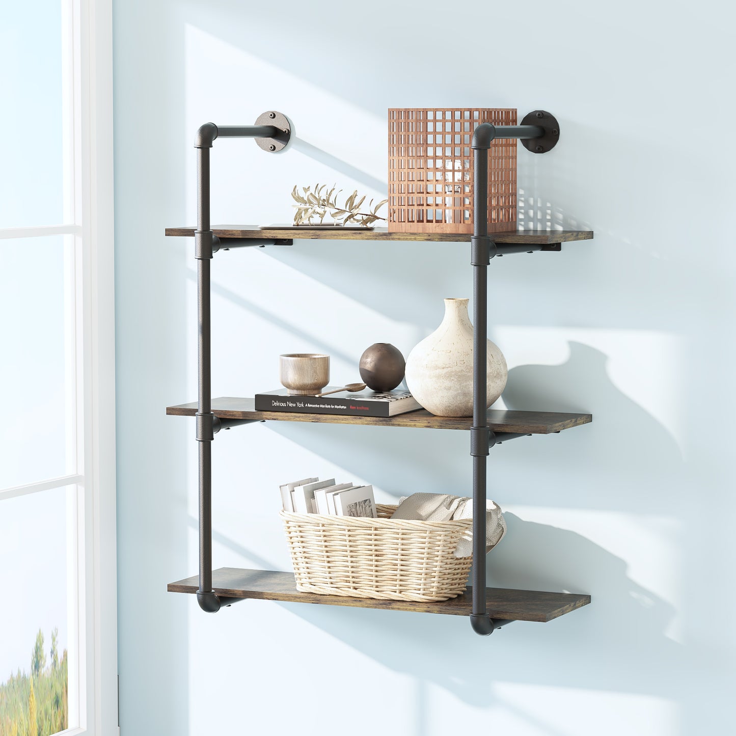 Industrial Shelves Floating Shelves for Wall, 31.5” Pipe Shelving Rustic Wood Bookshelf Bar Shelves, Wall Shelves for Living Room, Kitchen (Brown,3 Tier)