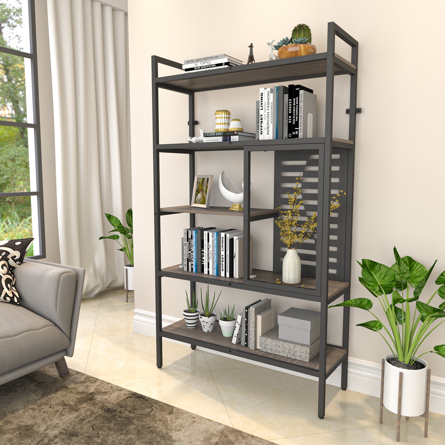 Adjustable Bookshelf with 5 Open Storage Shelves for Living Room Bedroom Kitchen Office