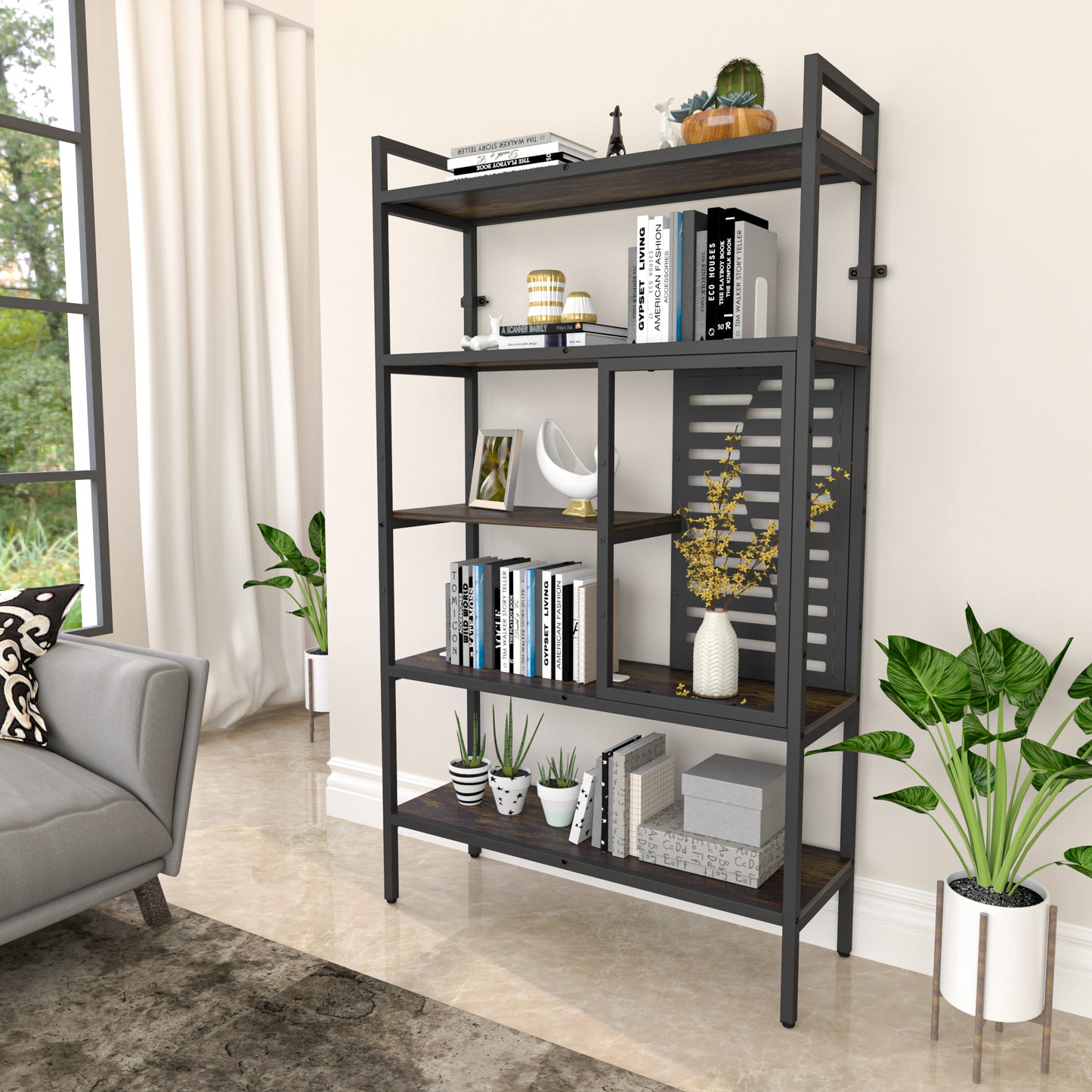 Adjustable Bookshelf with 5 Open Storage Shelves for Living Room Bedroom Kitchen Office