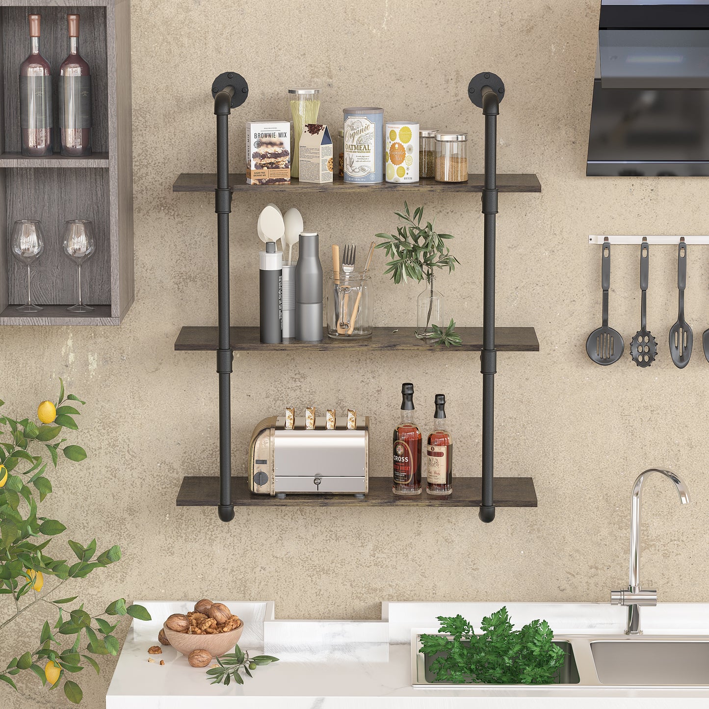 Industrial Shelves Floating Shelves for Wall, 31.5” Pipe Shelving Rustic Wood Bookshelf Bar Shelves, Wall Shelves for Living Room, Kitchen (Brown,3 Tier)