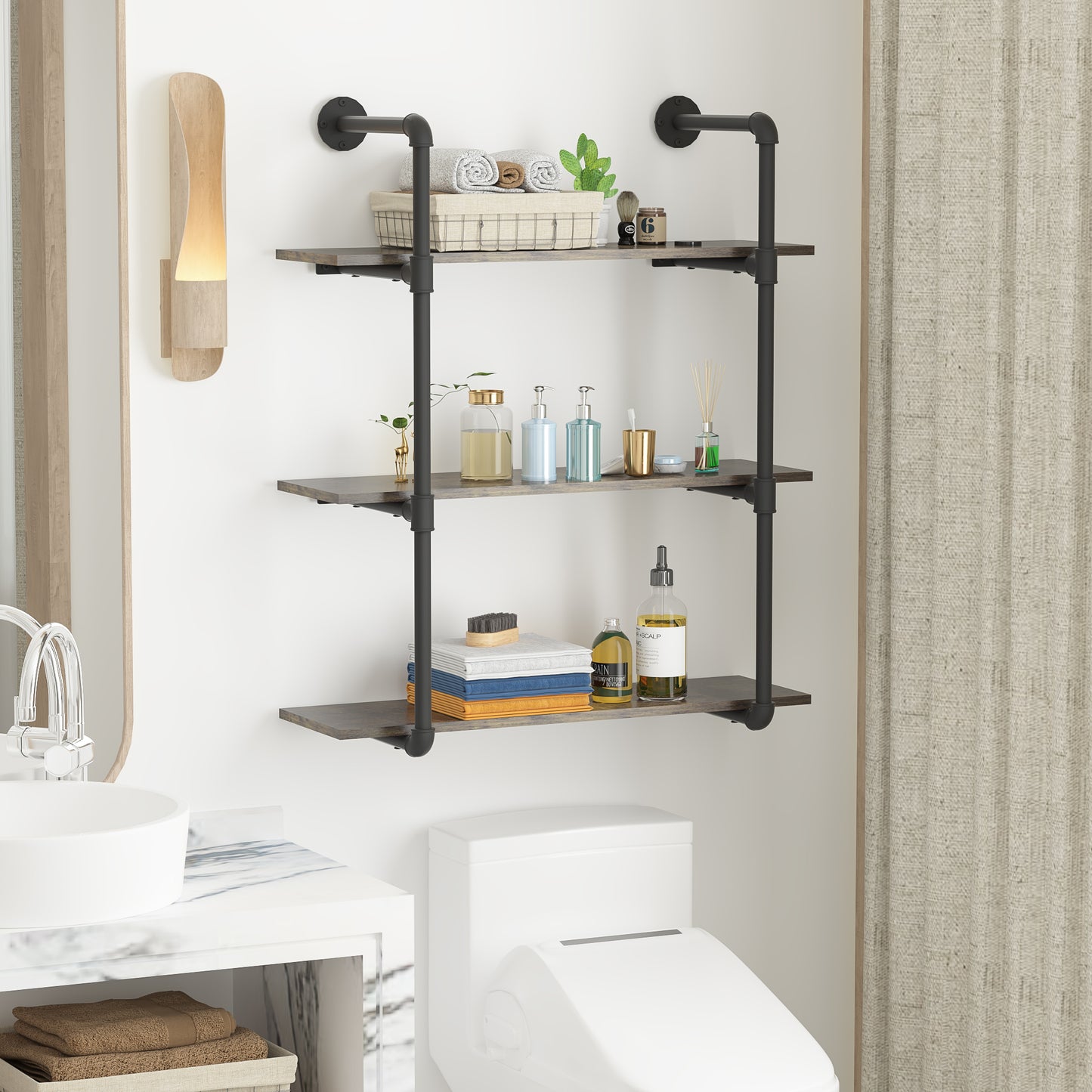 Industrial Shelves Floating Shelves for Wall, 31.5” Pipe Shelving Rustic Wood Bookshelf Bar Shelves, Wall Shelves for Living Room, Kitchen (Brown,3 Tier)