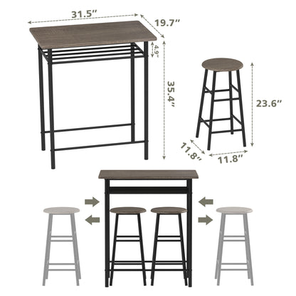 Bar Table with 2 Bar Stools, Pub Dining Table Set, Kitchen Counter Height Table with Bar Chairs, Bistro Table Sets for Kitchen Living Room, Built in Storage Layer