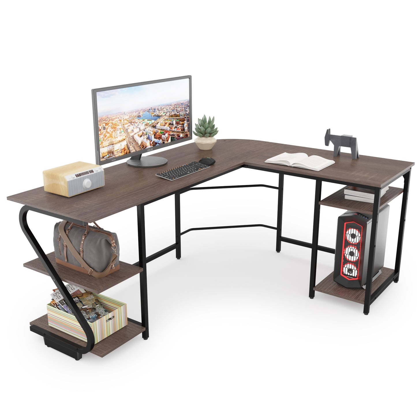 L Shaped Desk Reversible Corner Computer L Desk with Storage Shelves for Home Office