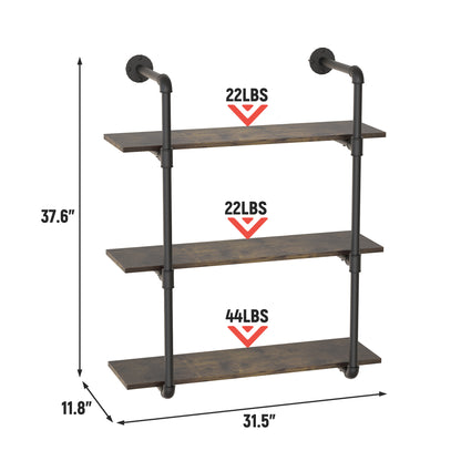 Industrial Shelves Floating Shelves for Wall, 31.5” Pipe Shelving Rustic Wood Bookshelf Bar Shelves, Wall Shelves for Living Room, Kitchen (Brown,3 Tier)