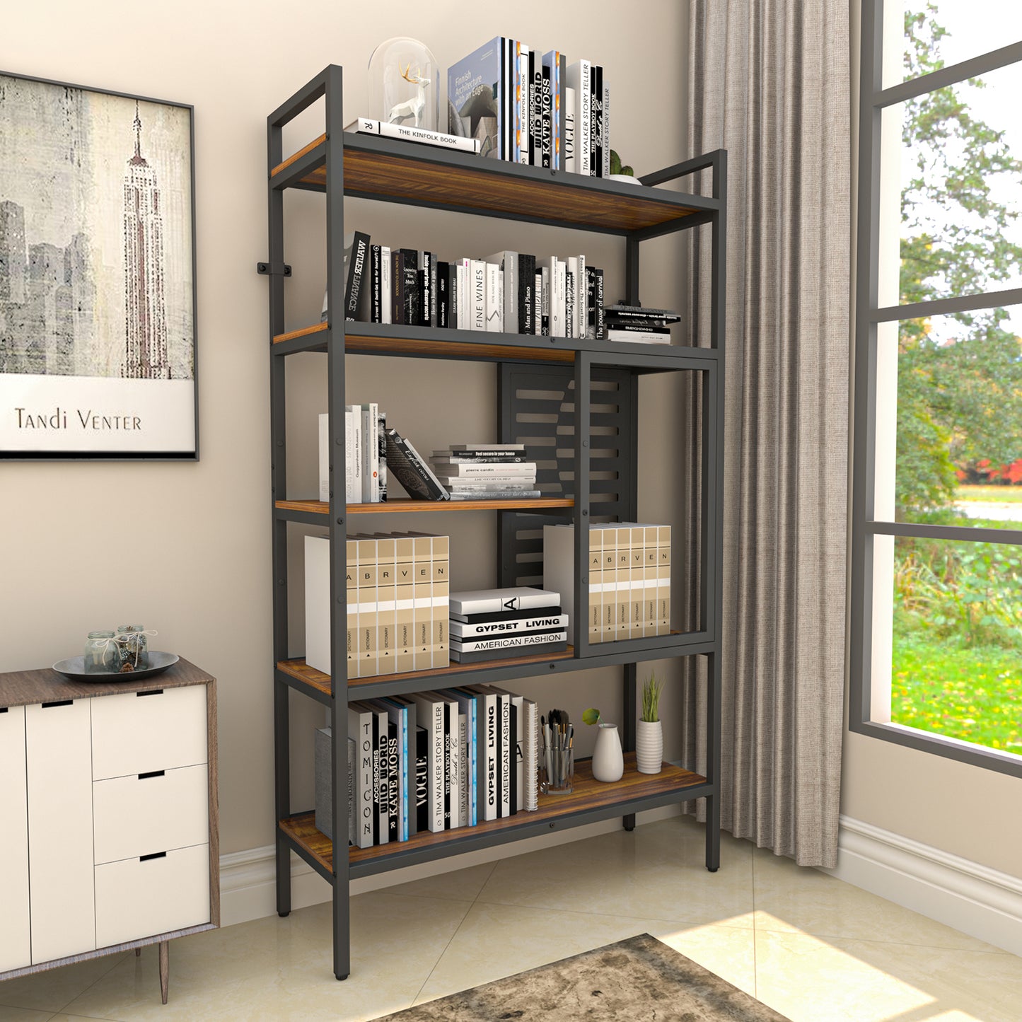 Adjustable Bookshelf with 5 Open Storage Shelves for Living Room Bedroom Kitchen Office