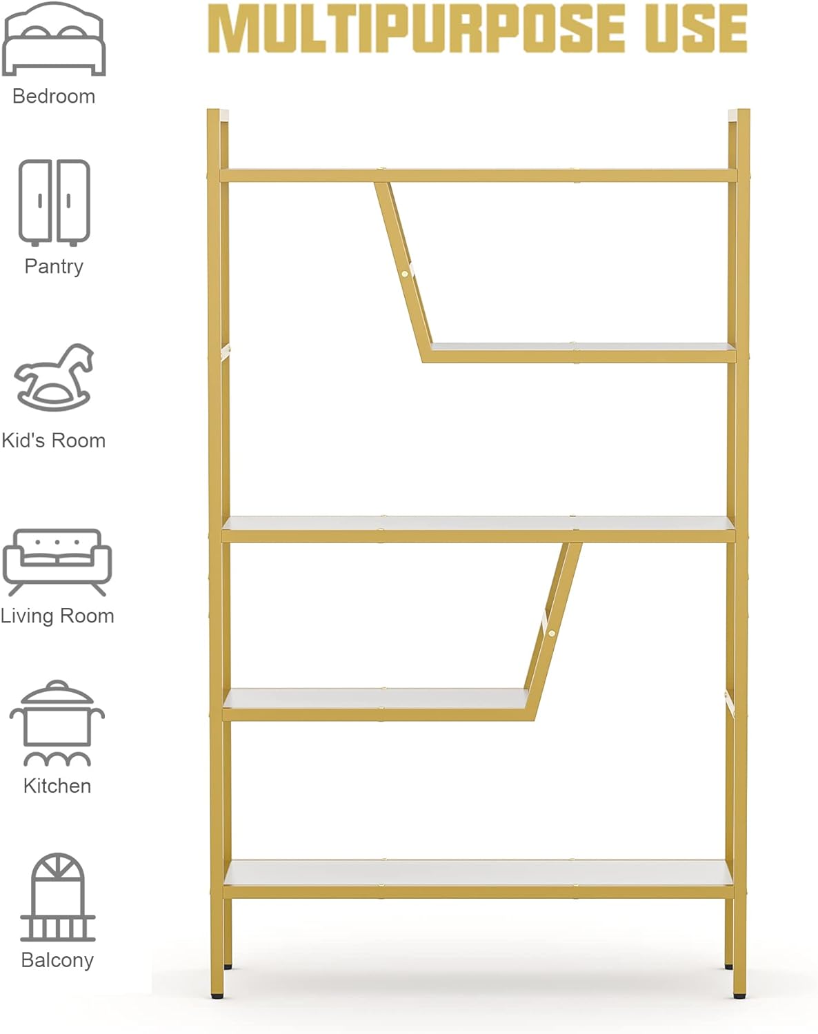 5-Tier Adjustable Bookshelf Wood Bookcase with Metal Frame Book Shelf Organizer for Living Room/Bedroom/Study Room