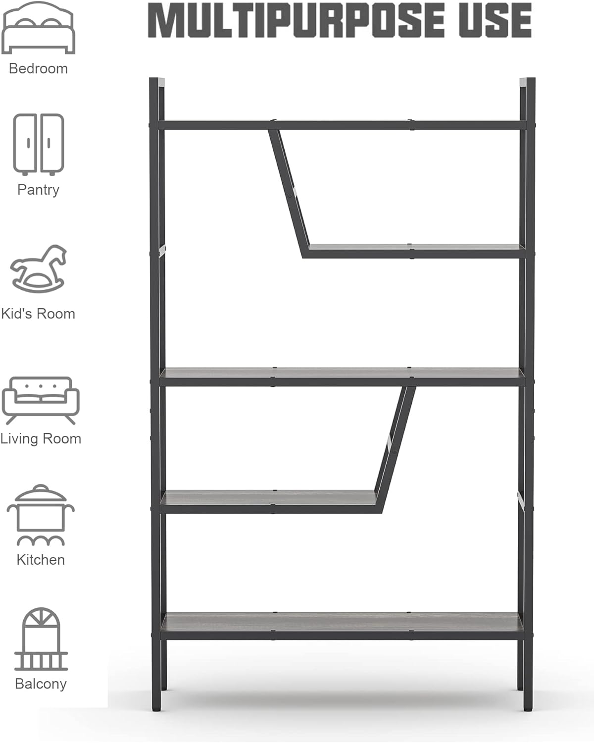 5-Tier Adjustable Bookshelf Wood Bookcase with Metal Frame Book Shelf Organizer for Living Room/Bedroom/Study Room