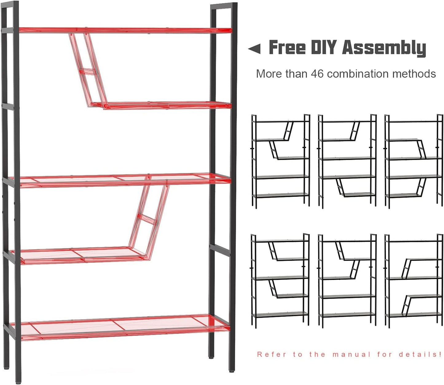 5-Tier Adjustable Bookshelf Wood Bookcase with Metal Frame Book Shelf Organizer for Living Room/Bedroom/Study Room