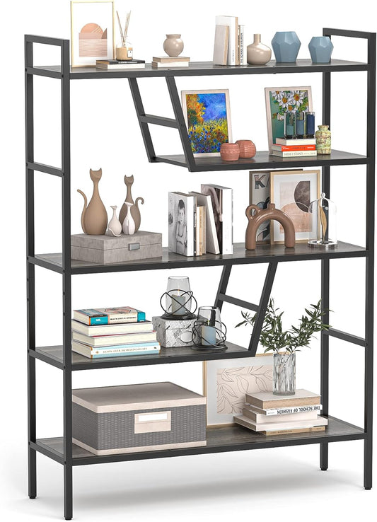 5-Tier Adjustable Bookshelf Wood Bookcase with Metal Frame Book Shelf Organizer for Living Room/Bedroom/Study Room