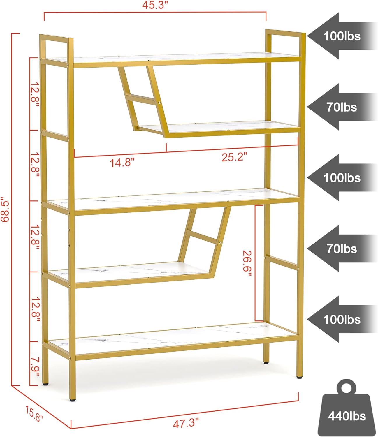 5-Tier Adjustable Bookshelf Wood Bookcase with Metal Frame Book Shelf Organizer for Living Room/Bedroom/Study Room