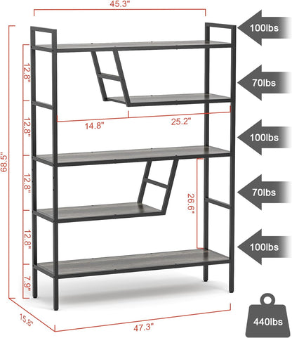 5-Tier Adjustable Bookshelf Wood Bookcase with Metal Frame Book Shelf Organizer for Living Room/Bedroom/Study Room