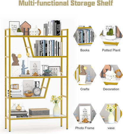 5-Tier Adjustable Bookshelf Wood Bookcase with Metal Frame Book Shelf Organizer for Living Room/Bedroom/Study Room