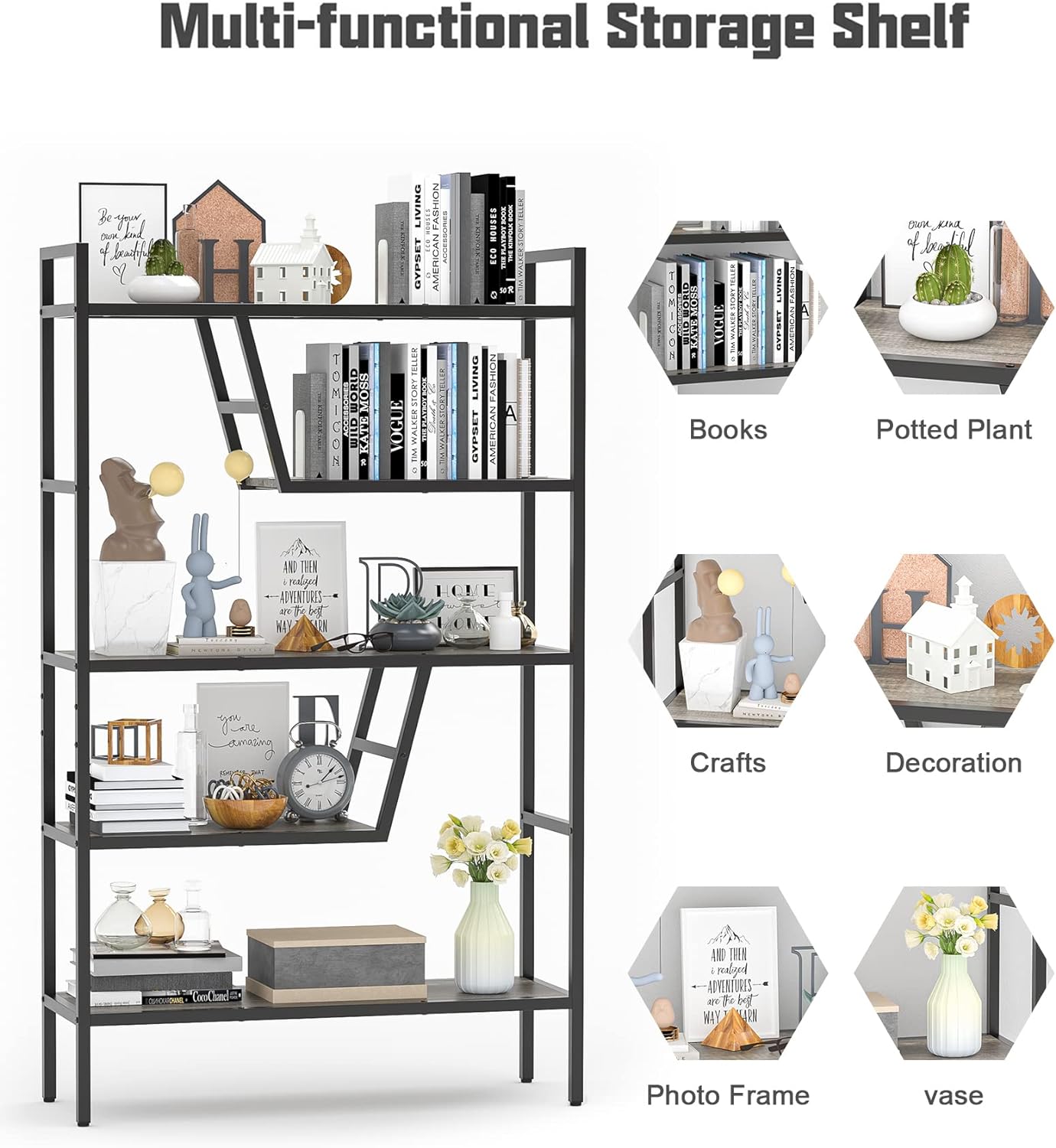 5-Tier Adjustable Bookshelf Wood Bookcase with Metal Frame Book Shelf Organizer for Living Room/Bedroom/Study Room