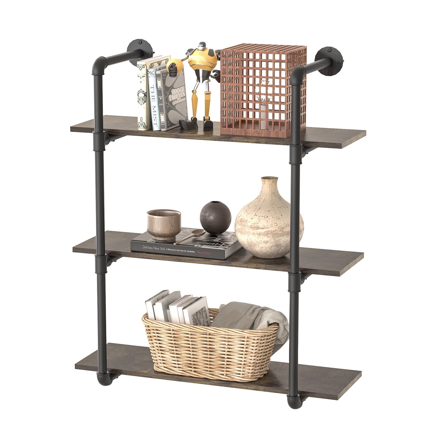 Industrial Shelves Floating Shelves for Wall, 31.5” Pipe Shelving Rustic Wood Bookshelf Bar Shelves, Wall Shelves for Living Room, Kitchen (Brown,3 Tier)